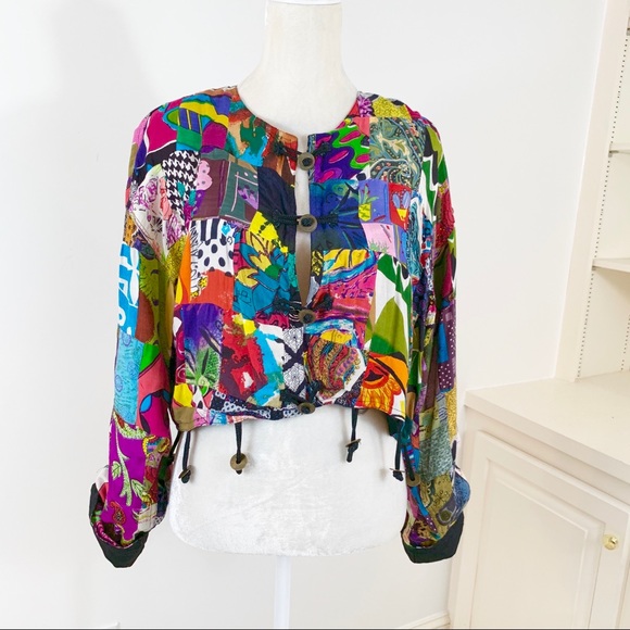 Jackets & Blazers - Boho Patchwork Metal Disc Button Trim Jacket M